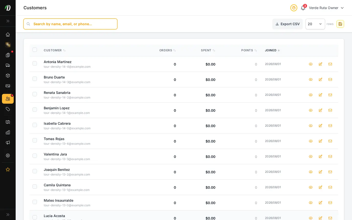 DabDash customer directory showing order counts, total spend, and loyalty balances