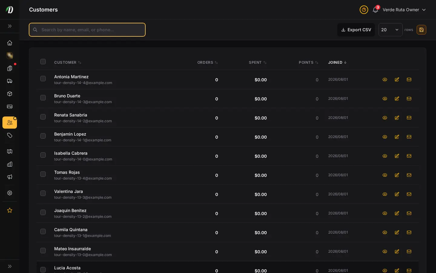 DabDash customer directory showing order counts, total spend, and loyalty balances