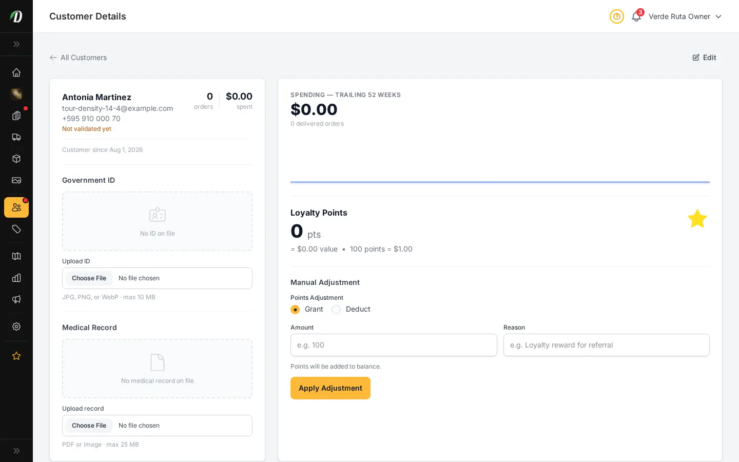 DabDash customer profile showing saved addresses, order history, and customer details