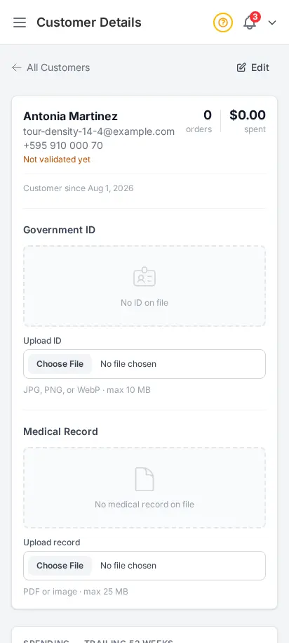DabDash customer profile showing saved addresses, order history, and customer details — mobile view