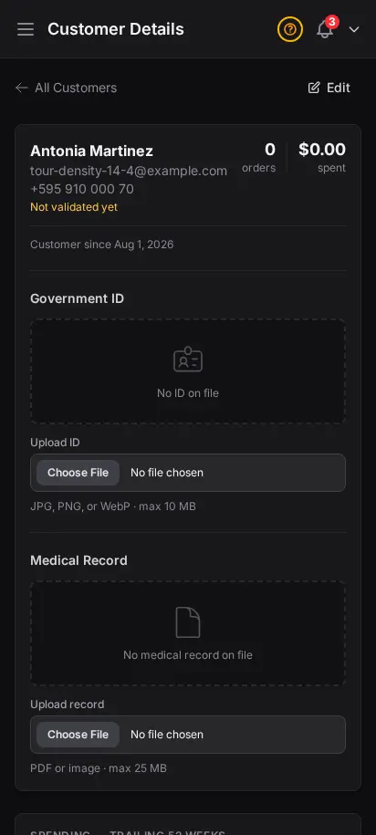 DabDash customer profile showing saved addresses, order history, and customer details — mobile view
