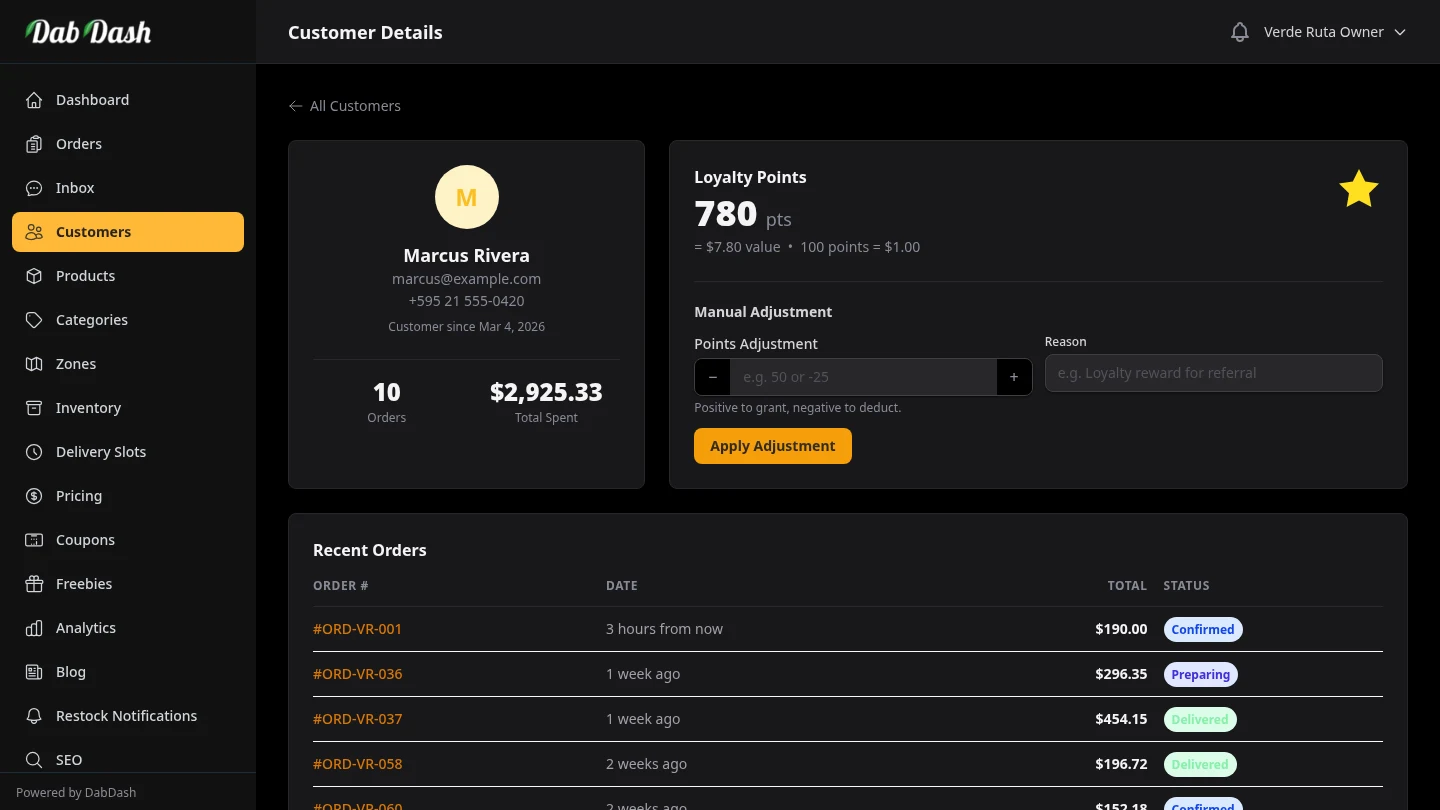 DabDash individual customer profile with order history and saved addresses