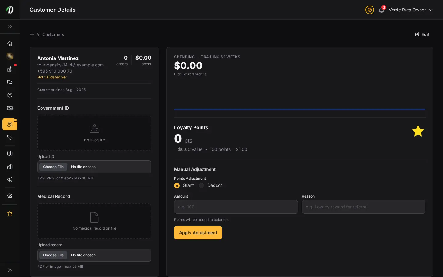 DabDash customer profile showing saved addresses, order history, and customer details