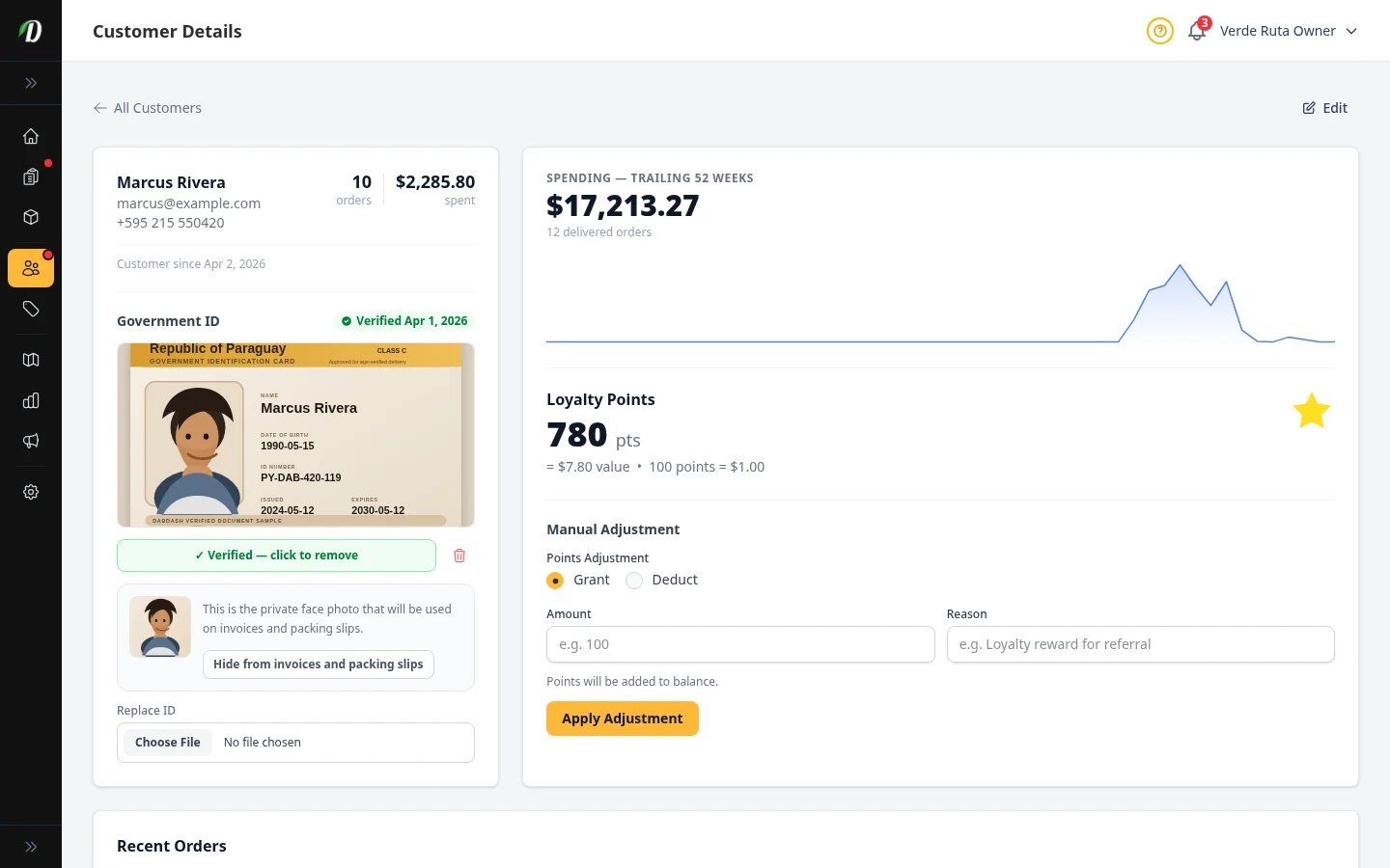 DabDash customer profile showing an uploaded government ID, verified state, and the private face crop used on PDFs