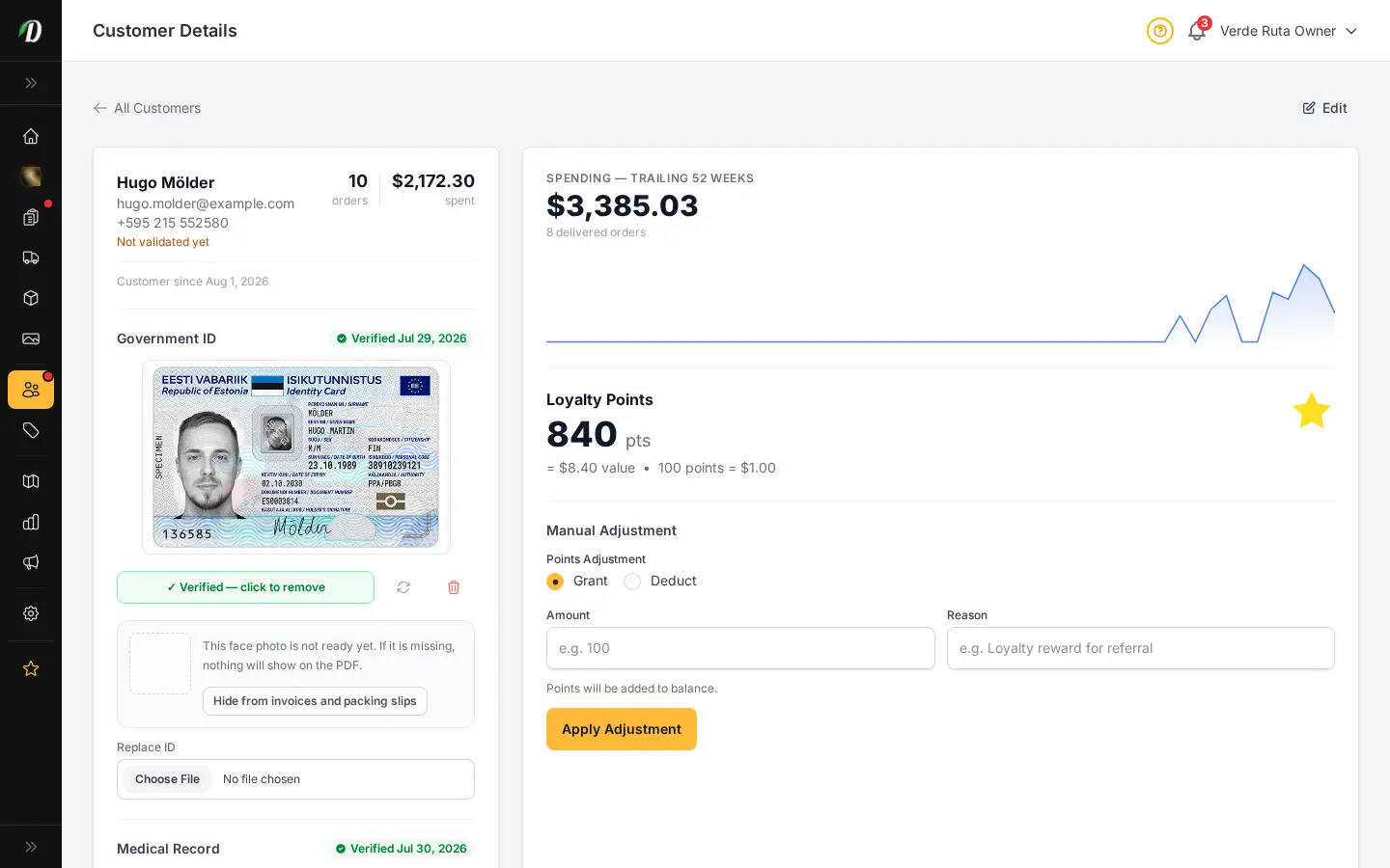 DabDash customer profile showing an uploaded government ID, verified state, and the private face crop used on PDFs
