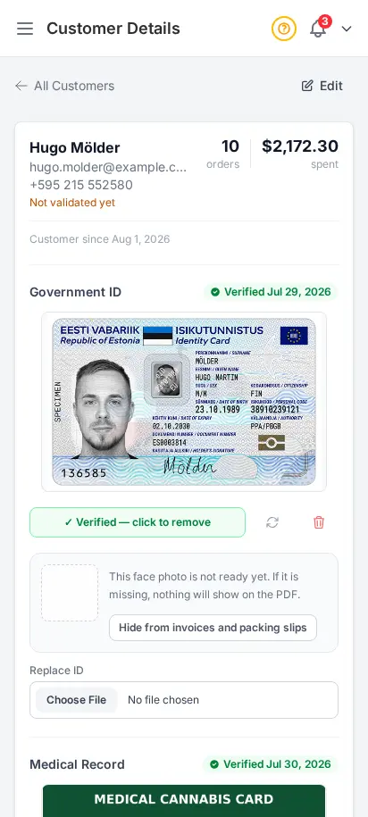 DabDash customer profile showing an uploaded government ID, verified state, and the private face crop used on PDFs — mobile view