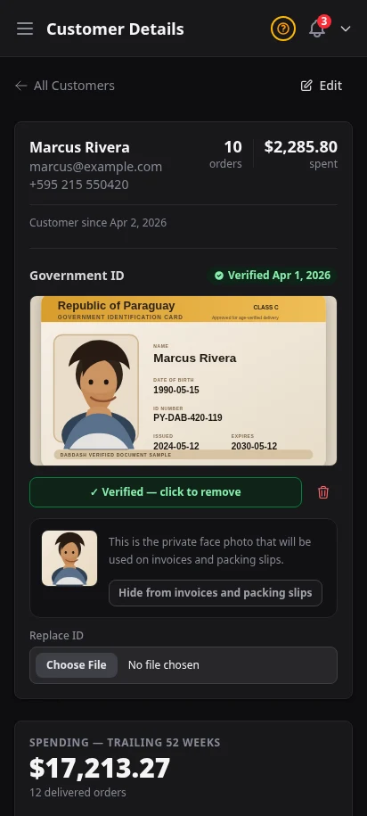 DabDash customer profile showing an uploaded government ID, verified state, and the private face crop used on PDFs — mobile view