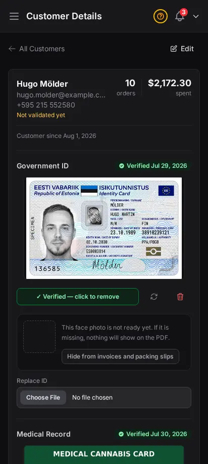DabDash customer profile showing an uploaded government ID, verified state, and the private face crop used on PDFs — mobile view