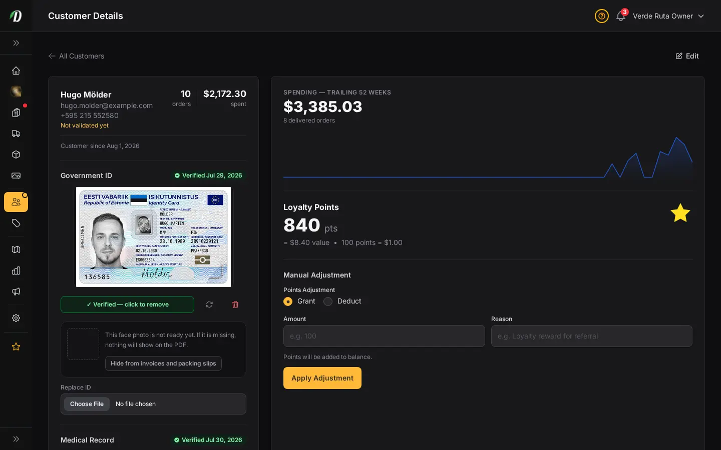 DabDash customer profile showing an uploaded government ID, verified state, and the private face crop used on PDFs