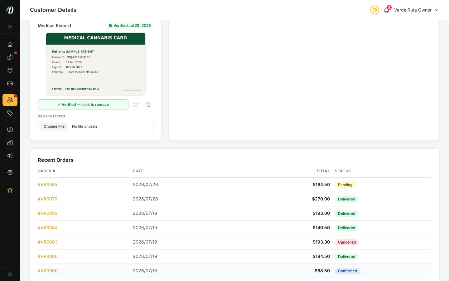 DabDash customer profile showing an uploaded medical record, its verified state, and controls to verify, rotate, replace, or remove it