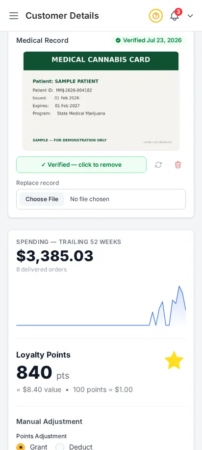 DabDash customer profile showing an uploaded medical record, its verified state, and controls to verify, rotate, replace, or remove it — mobile view