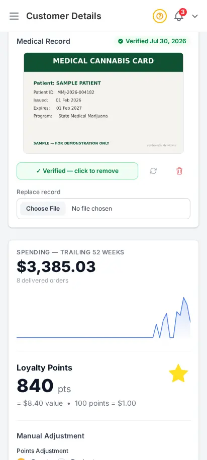 DabDash customer profile showing an uploaded medical record, its verified state, and controls to verify, rotate, replace, or remove it — mobile view