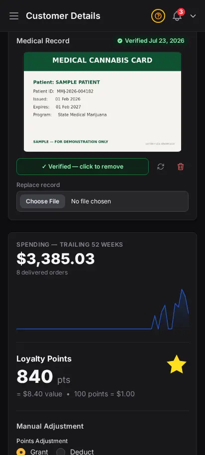 DabDash customer profile showing an uploaded medical record, its verified state, and controls to verify, rotate, replace, or remove it — mobile view