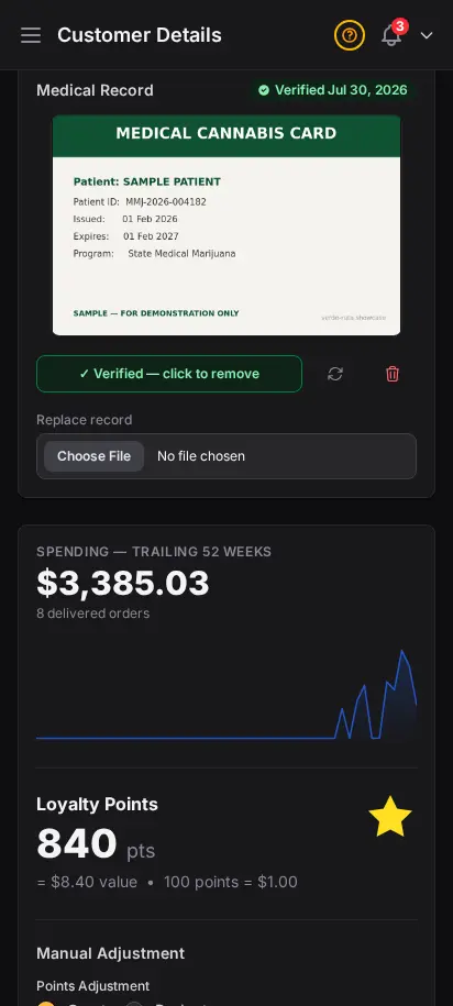 DabDash customer profile showing an uploaded medical record, its verified state, and controls to verify, rotate, replace, or remove it — mobile view