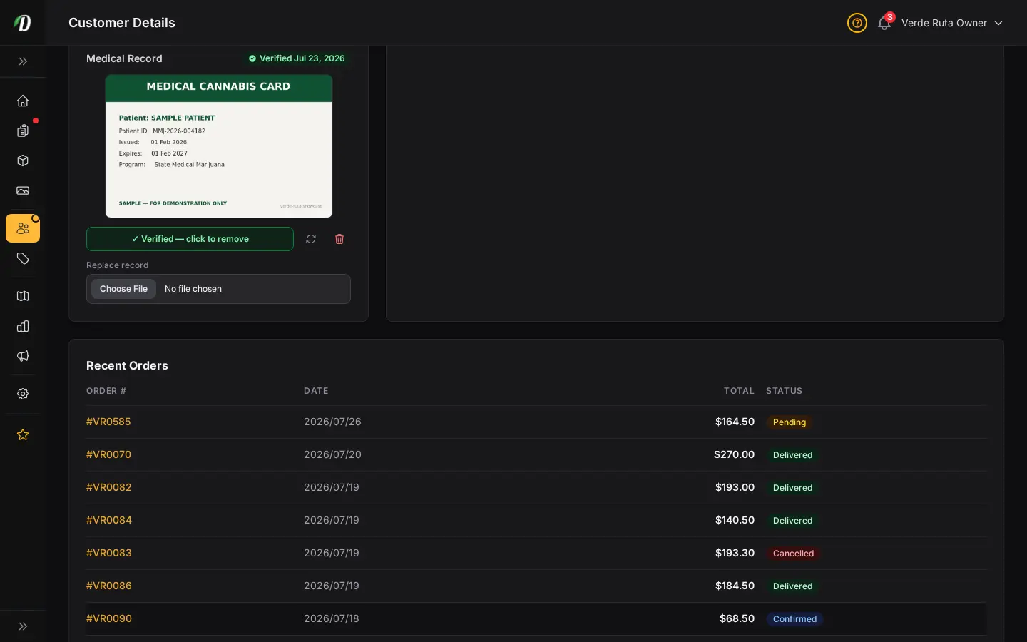 DabDash customer profile showing an uploaded medical record, its verified state, and controls to verify, rotate, replace, or remove it