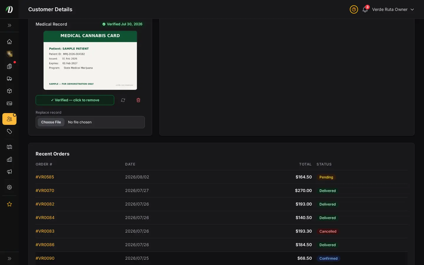 DabDash customer profile showing an uploaded medical record, its verified state, and controls to verify, rotate, replace, or remove it