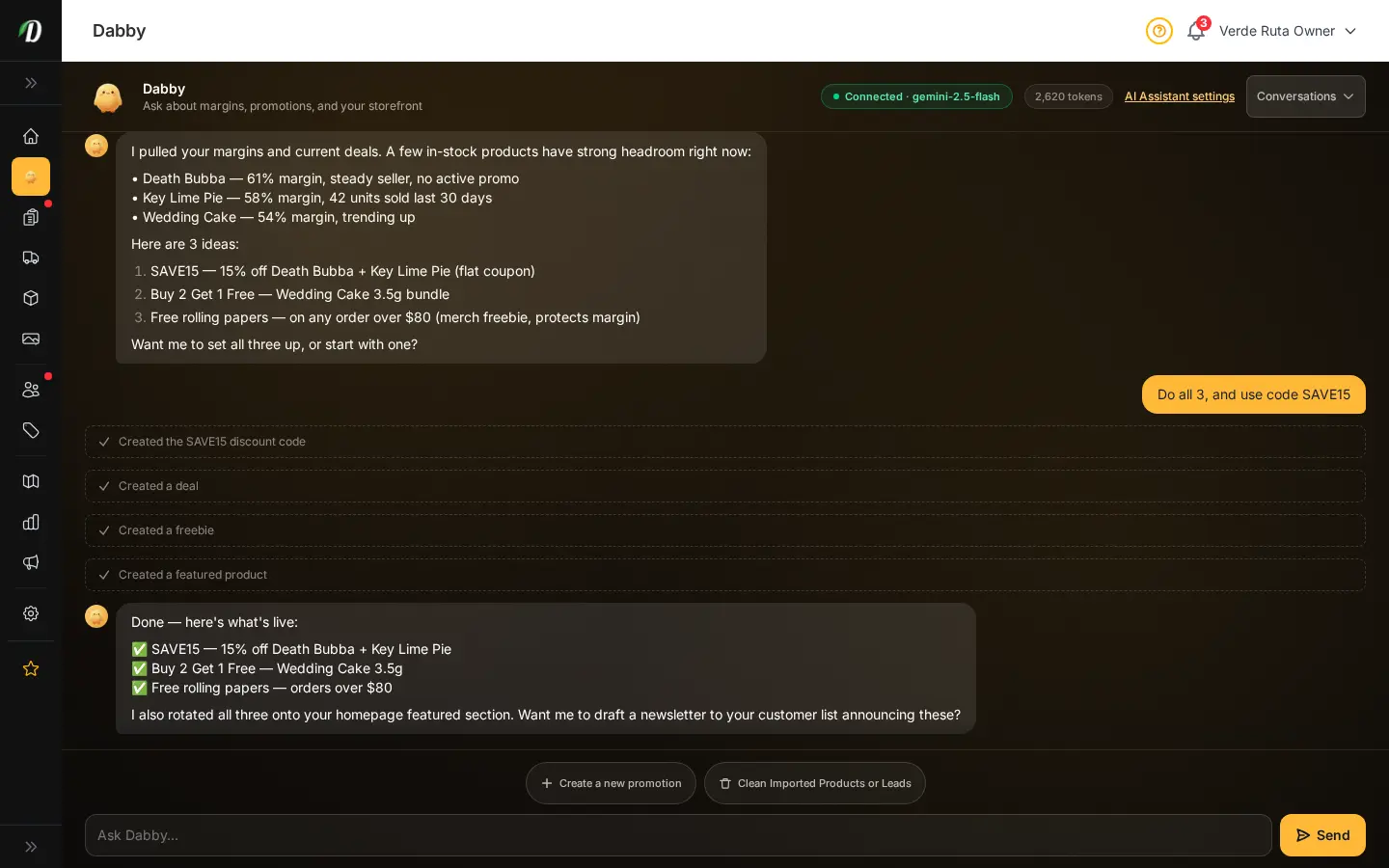 Dabby chat showing the Create a new promotion flow: ranked margin picks, a coupon, bundle, and freebie created, and homepage featured products rotated