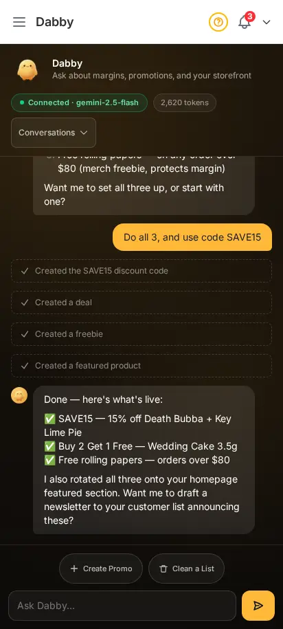 Dabby chat showing the Create a new promotion flow: ranked margin picks, a coupon, bundle, and freebie created, and homepage featured products rotated