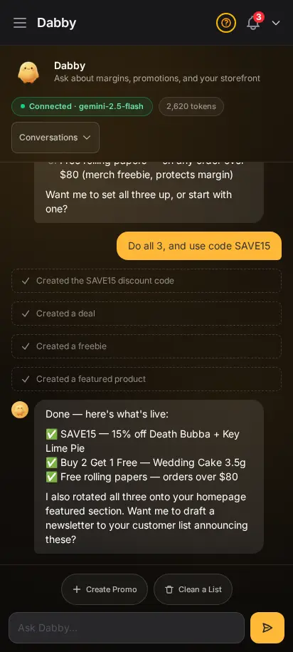 Dabby chat showing the Create a new promotion flow: ranked margin picks, a coupon, bundle, and freebie created, and homepage featured products rotated