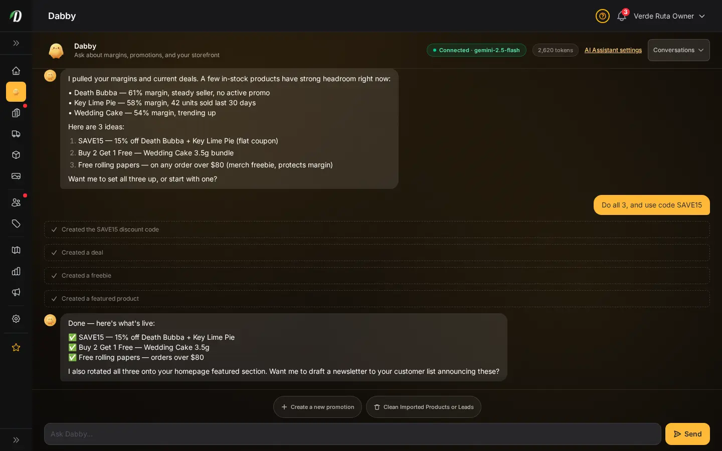 Dabby chat showing the Create a new promotion flow: ranked margin picks, a coupon, bundle, and freebie created, and homepage featured products rotated