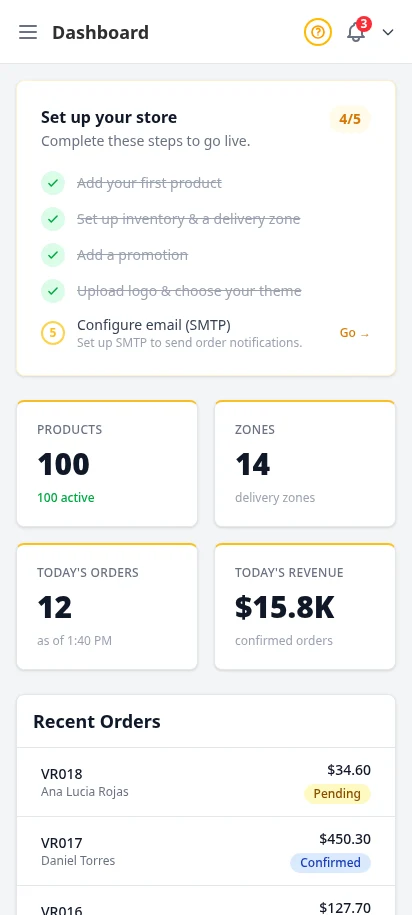 DabDash dashboard on mobile showing the hamburger menu icon and stacked stat cards