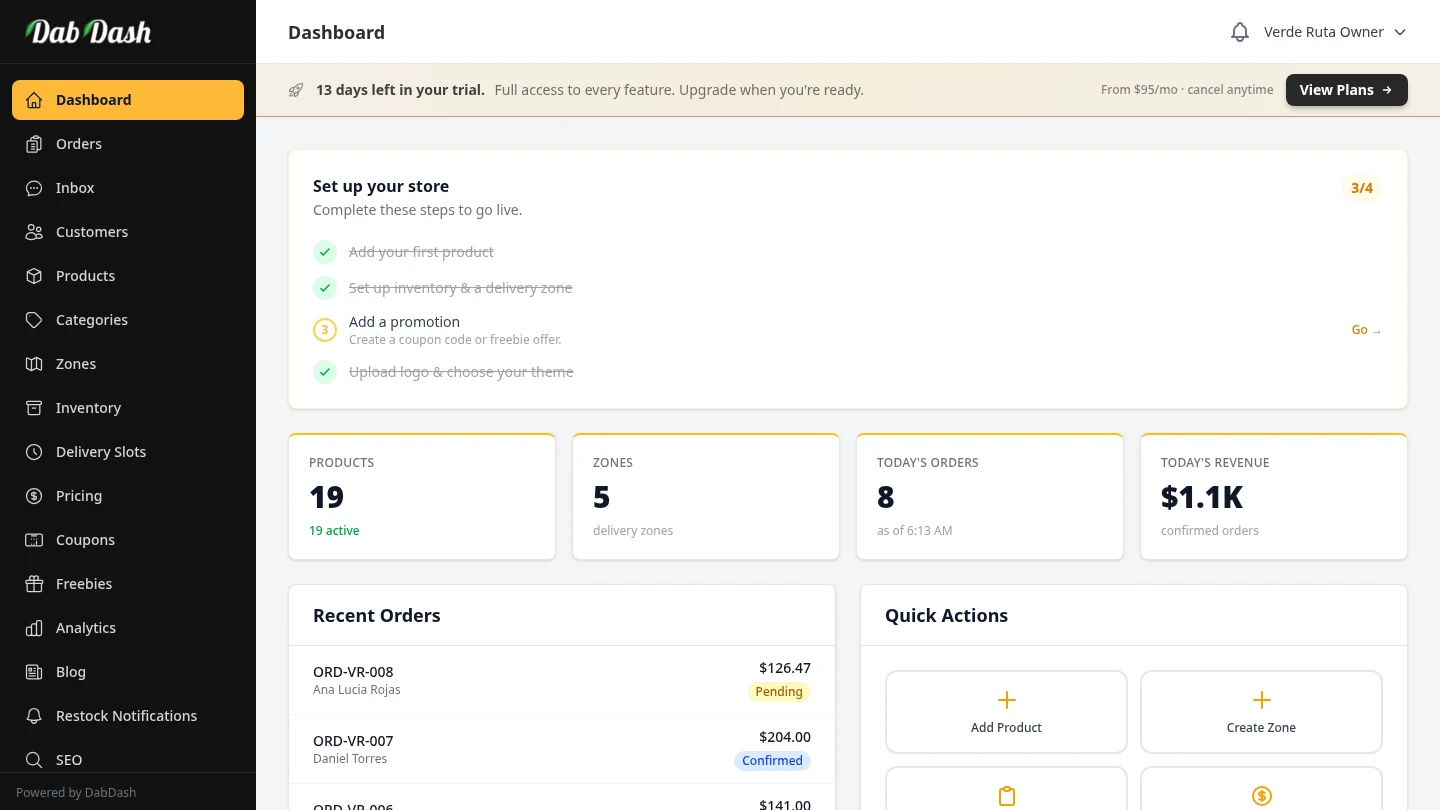 DabDash vendor dashboard — light theme