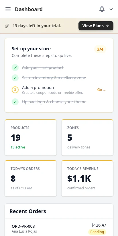 DabDash vendor dashboard on mobile — light theme