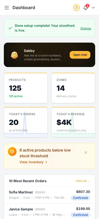 DabDash dashboard showing store setup progress, product totals, zone totals, today's orders, revenue, and recent activity — mobile view