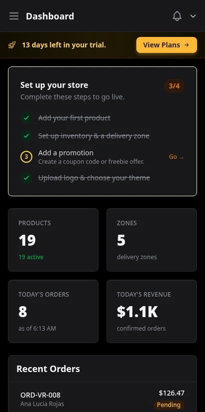 DabDash vendor dashboard on mobile — dark theme