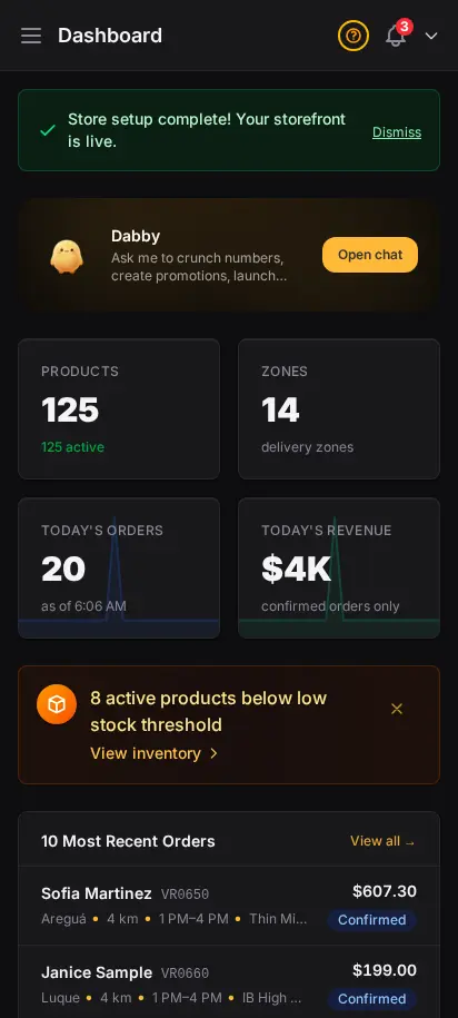 DabDash dashboard showing store setup progress, product totals, zone totals, today's orders, revenue, and recent activity — mobile view