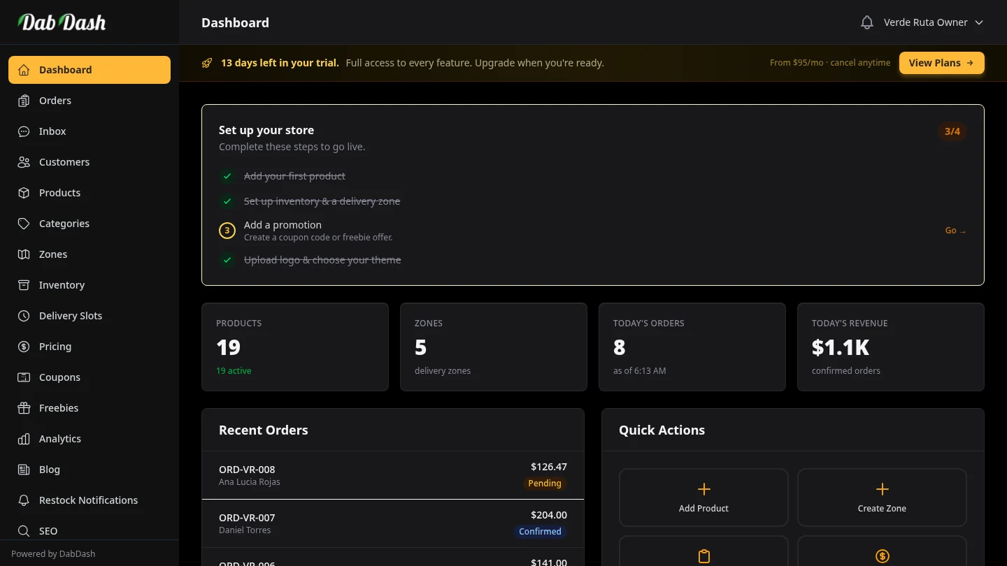 DabDash vendor dashboard — dark theme