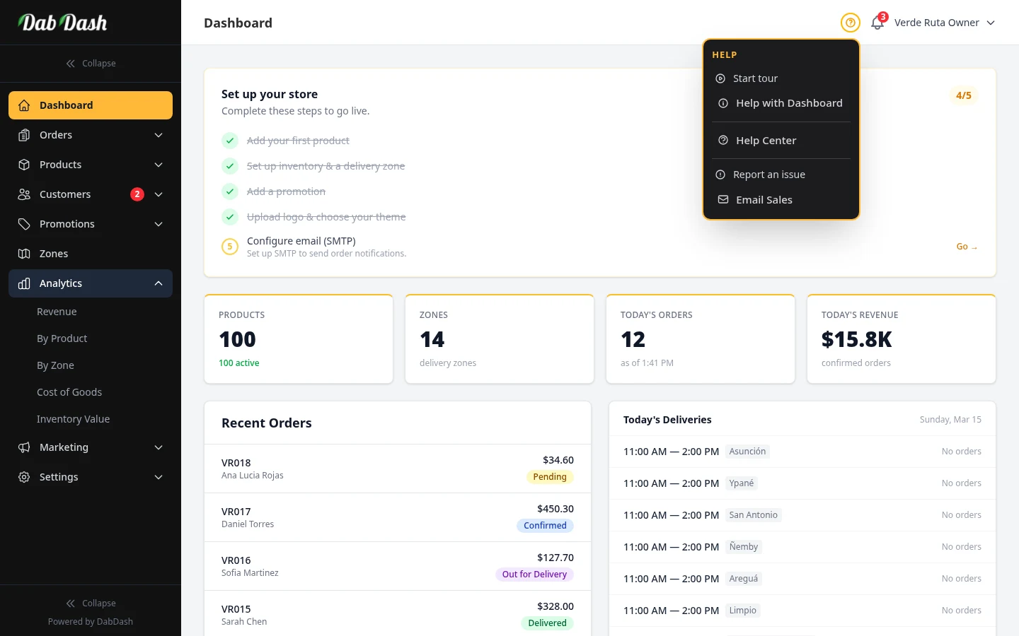 DabDash dashboard showing quick help links and the main navigation open