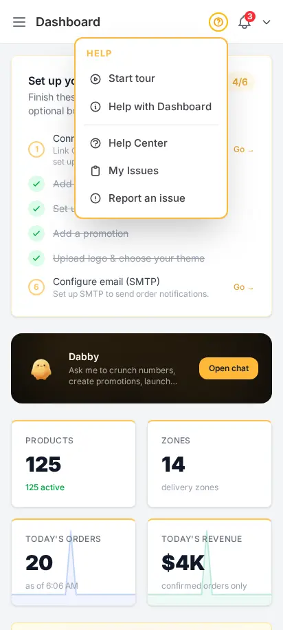 DabDash dashboard showing quick help links and the main navigation open — mobile view