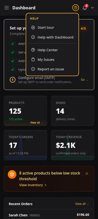 DabDash dashboard showing quick help links and the main navigation open — mobile view