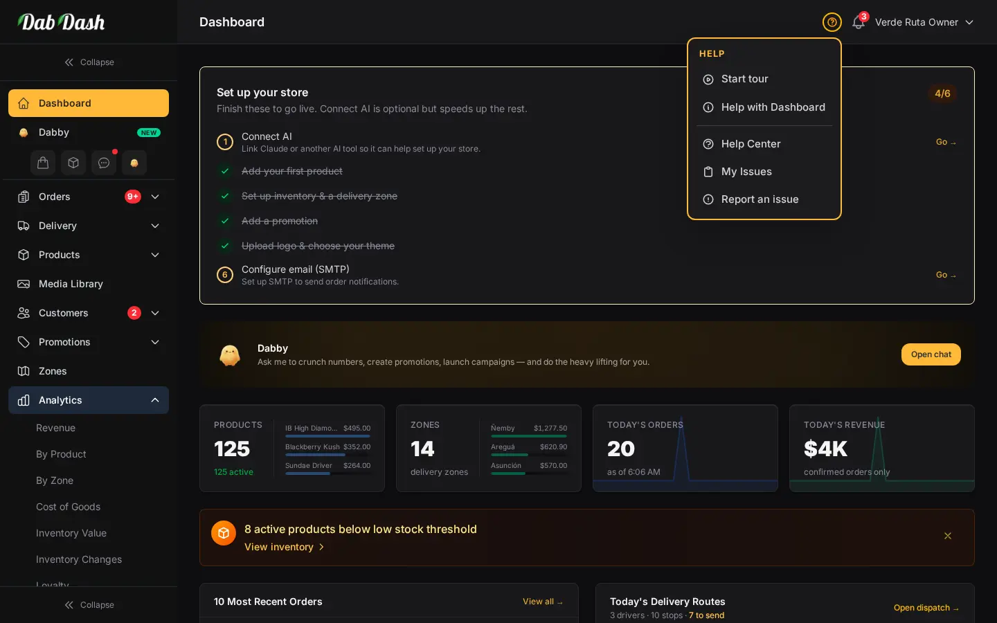 DabDash dashboard showing quick help links and the main navigation open