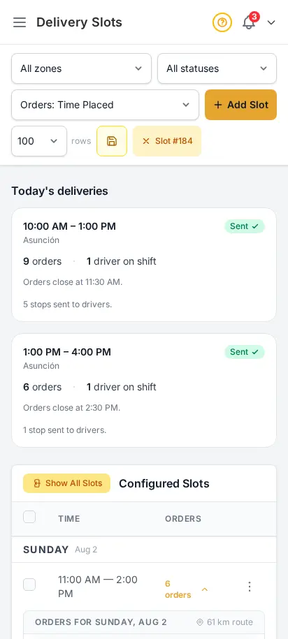 DabDash delivery slots page showing time windows with booked orders inside each slot