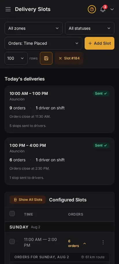DabDash delivery slots page showing time windows with booked orders inside each slot
