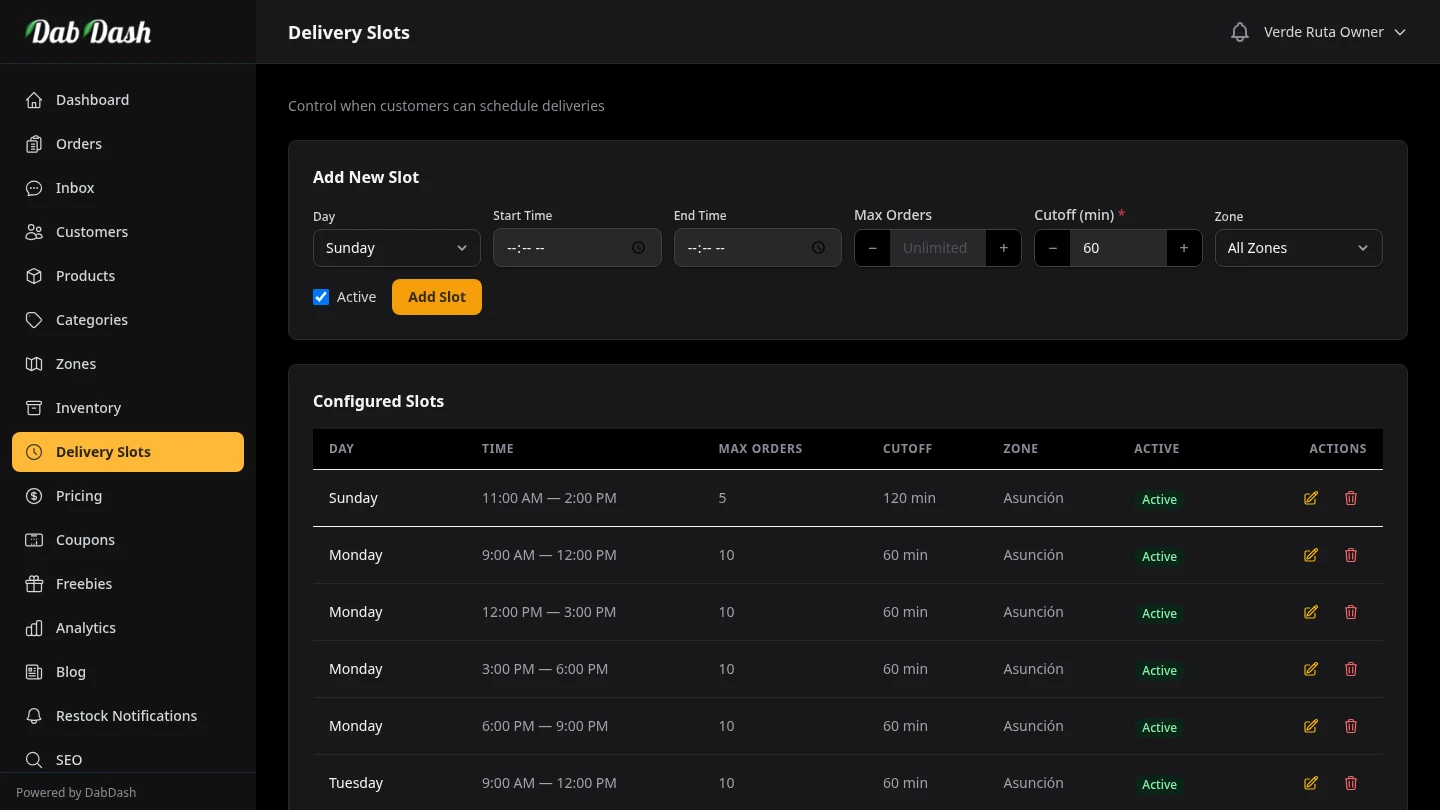 DabDash delivery slot manager showing available time windows by zone
