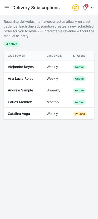 DabDash delivery subscriptions page listing recurring deliveries with customer, cadence, next delivery date, time window, and status — mobile view
