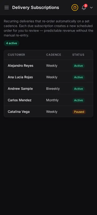 DabDash delivery subscriptions page listing recurring deliveries with customer, cadence, next delivery date, time window, and status — mobile view