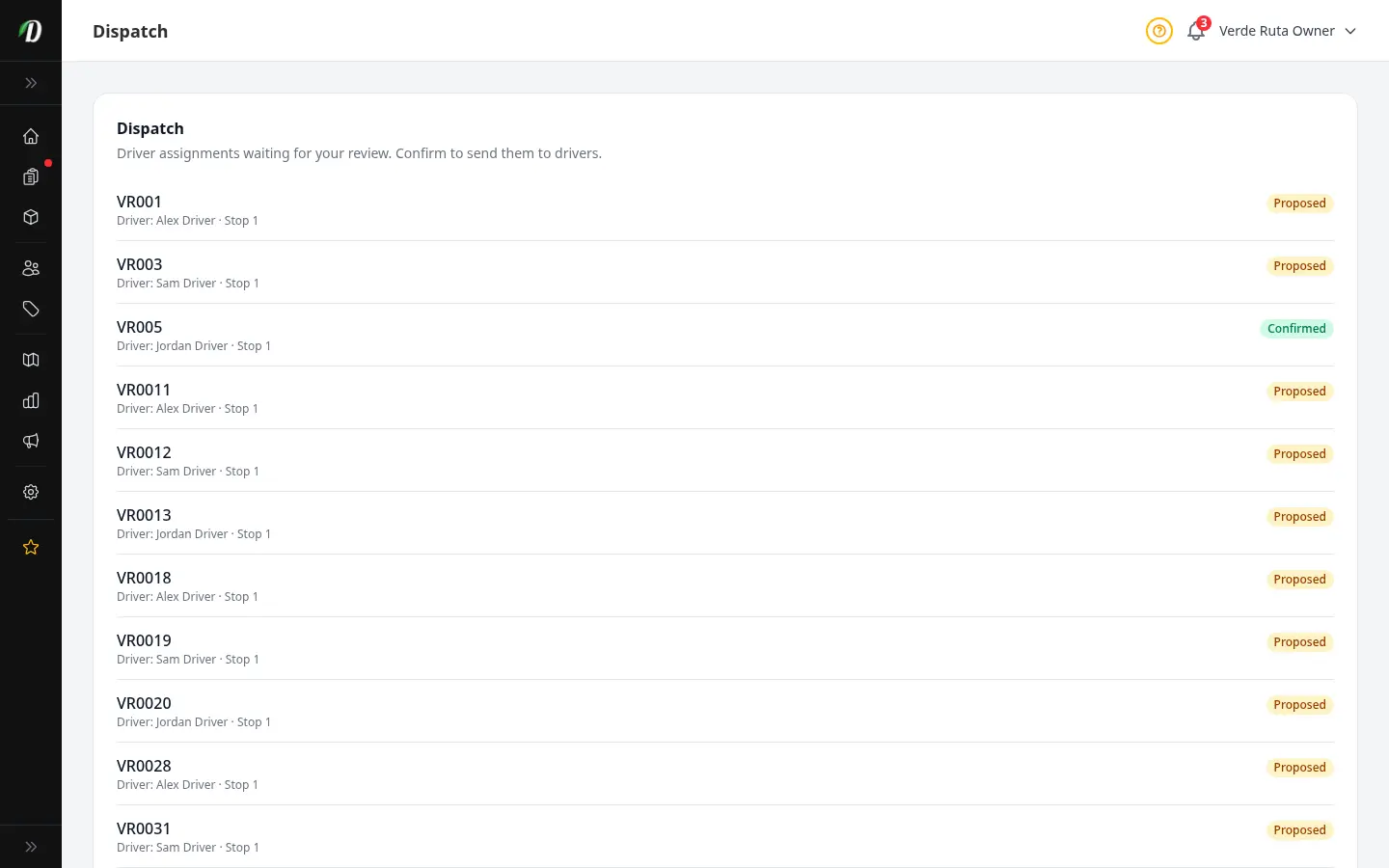 DabDash dispatch page showing three review lists: cancellation requests, swap requests, and proposed driver assignments grouped by delivery slot