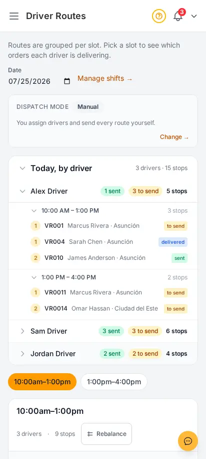 DabDash dispatch page showing driver cancellation requests, swap requests, and proposed delivery assignments awaiting confirmation