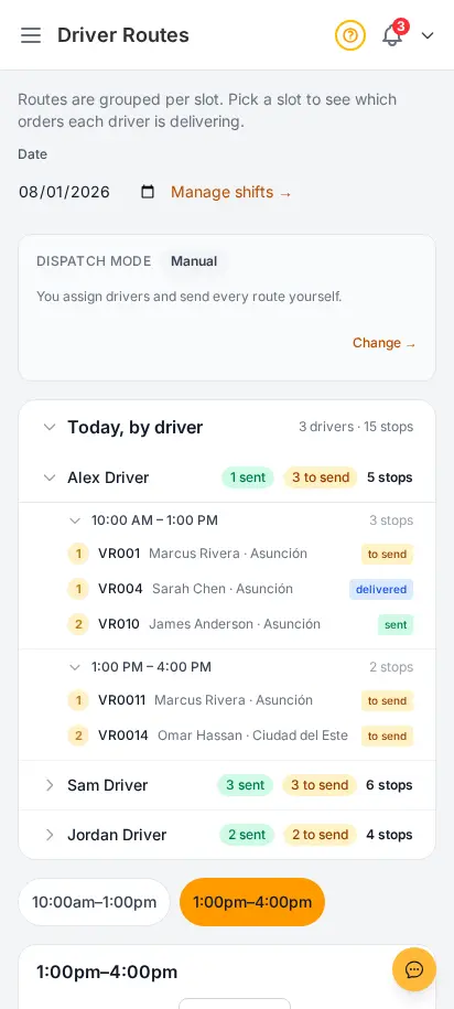DabDash dispatch page showing driver cancellation requests, swap requests, and proposed delivery assignments awaiting confirmation