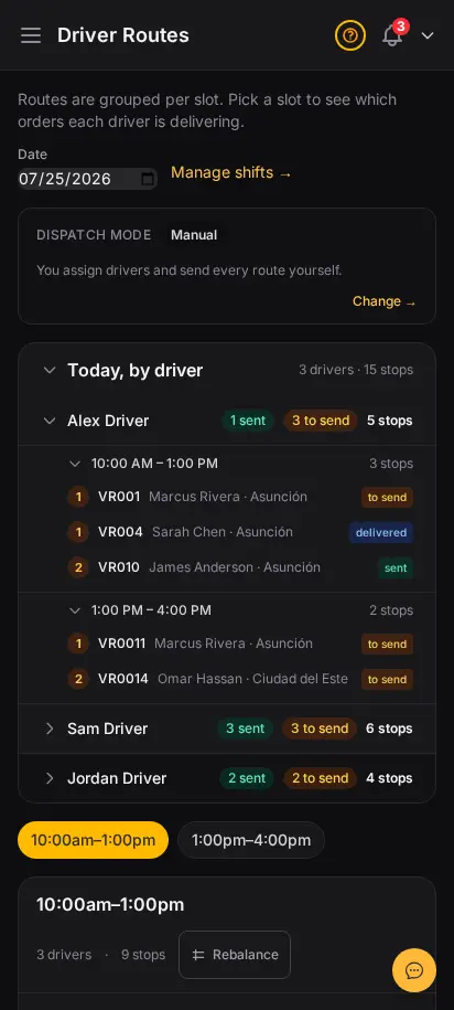 DabDash dispatch page showing driver cancellation requests, swap requests, and proposed delivery assignments awaiting confirmation