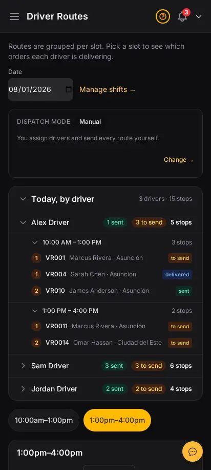 DabDash dispatch page showing driver cancellation requests, swap requests, and proposed delivery assignments awaiting confirmation