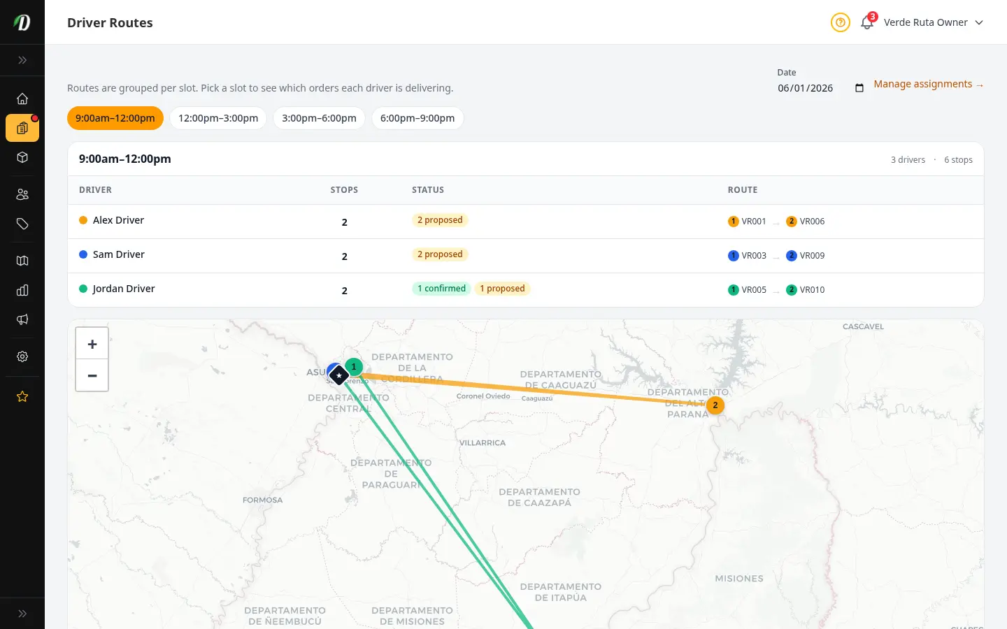 DabDash driver routes page showing a colour-coded map of delivery stops by driver radiating from the store, with a per-driver stops table beside it