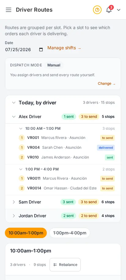 DabDash driver routes page showing a map of delivery stops colour-coded by driver alongside a per-driver stops table — mobile view