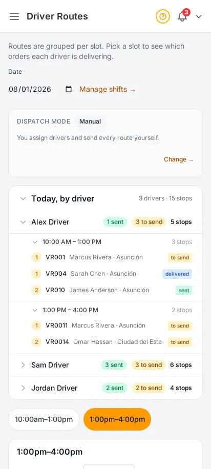 DabDash driver routes page showing a map of delivery stops colour-coded by driver alongside a per-driver stops table — mobile view