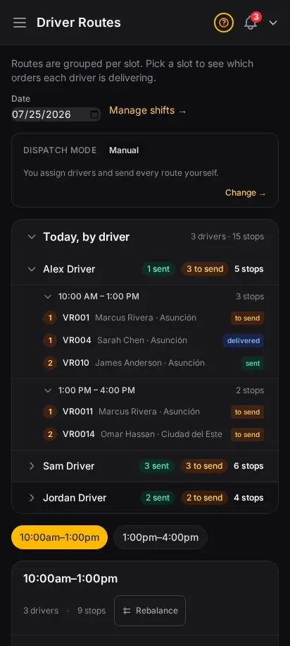DabDash driver routes page showing a map of delivery stops colour-coded by driver alongside a per-driver stops table — mobile view