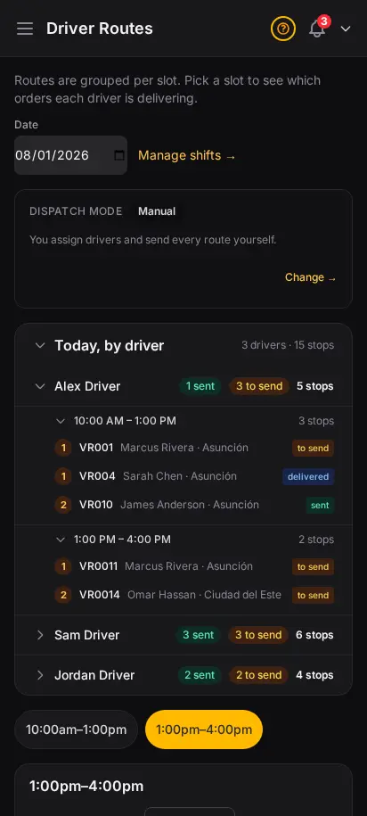 DabDash driver routes page showing a map of delivery stops colour-coded by driver alongside a per-driver stops table — mobile view